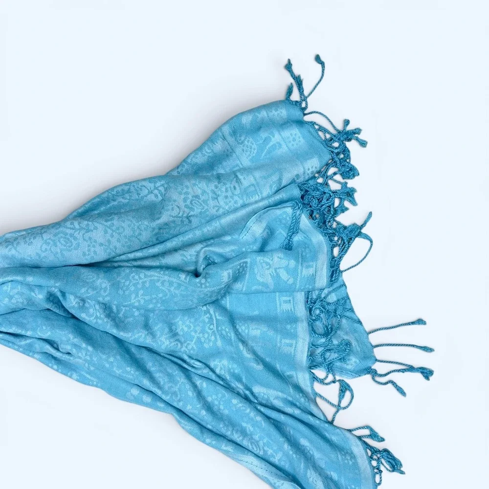 Boho Elephant Cashmere Pashmina Scarf Shawl Sky Blue Fringe Ethereal Timeless